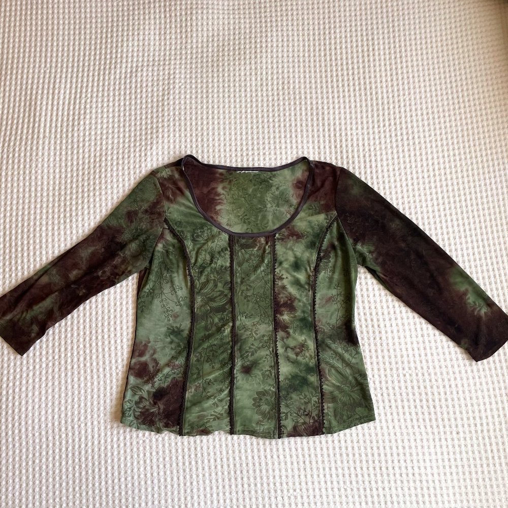 Vintage Y2K green brown floral 3/4 sleeve top, sz L